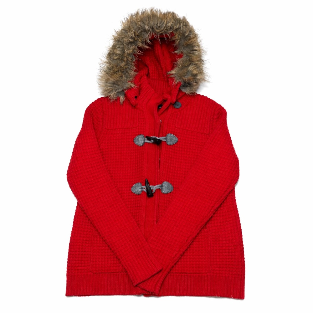 Express Red Toggle Knit Hooded Jacket Faux Fur Trim Winter Cottagecore L